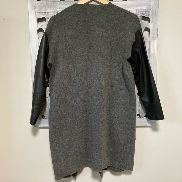 NWT Zara Gray Knit Draped Open Front Faux Black Leather Long Sleeve Coat - Picture 3 of 7